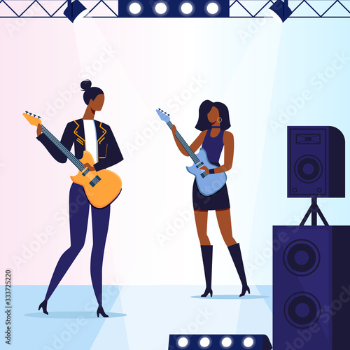 Female Guitarists Performance Vector Illustration. African American Electric Guitar Players Cartoon Characters. Young Women Holding Musical Instruments. Rock n roll Concert, Musicians Playing Together