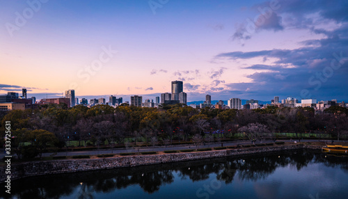 Osaka, Japan - January 07, 2020: Panoramic View to the Evening City from the Castle Roof
