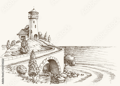 Lighthouse landscape, sea shore vector pencil drawing