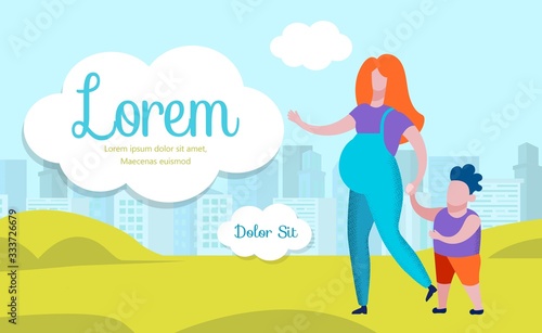 Vector Illustration. People Walk in Park. Family with Child. Rest Outside City. Pregnant Woman and Little Boy Walk in Park on City Background. Family Walk on Green Grass. Advertising Image with Text.