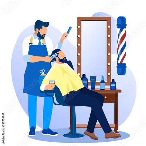 Professional Haircutter Giving Haircut to Man Customer with Alcohol Drink Glass in Barber Shop. Hair Stylist Working Profession, Occupation, Hipster Grooming Place, Cartoon Flat Vector Illustration