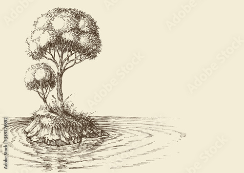 Nature wallpaper, two trees on a small island vector hand drawing