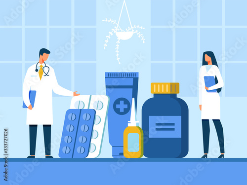 Cartoon Doctor and Nurse Presenting New Drugs for Disease Treatment Illustration. Flat Vector Plastic Pills Bottle, Push-Trough Pack, Nasal Drops, Medical Cream. Pharmacy, Therapy and Healthcare