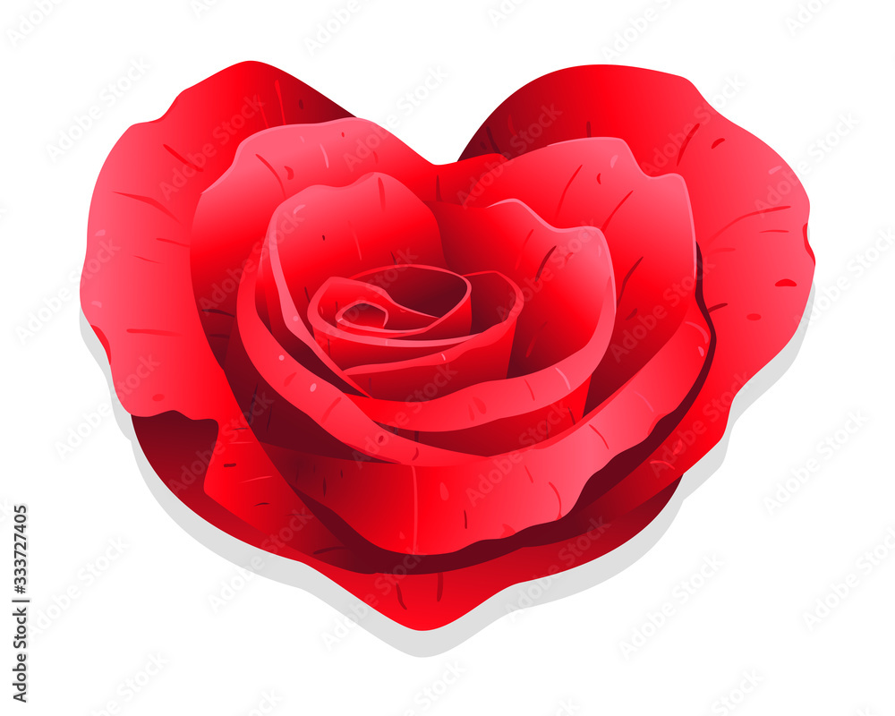 Vector drawing of a beautiful red rose shaped as a heart. Isolated on white.