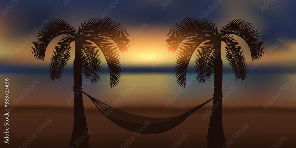 hammock and palm tree at beautiful sunrise on the beach vector illustration EPS10