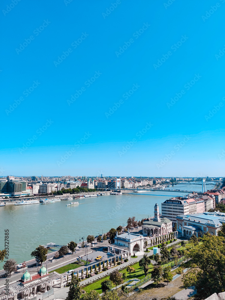 Amazing panorama of the city of Budapest on a sunny day. Bridge, river and small buildings. Vertical photo