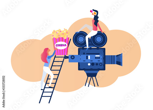 Moviemaking and Entertainment Industry, Cinema Production. Woman Moviegoer Character in 3d Glasses Sitting on Huge Videocamera, Girl with Popcorn Box Climbing Upstairs Cartoon Flat Vector Illustration