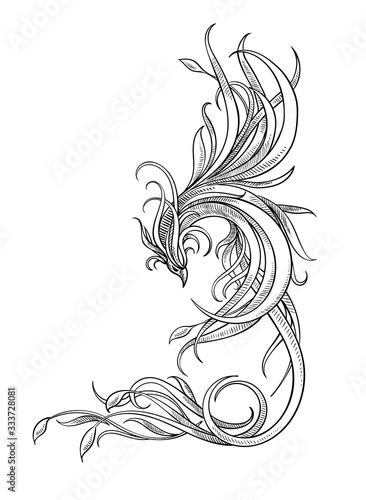 Graphic phoenix bird with tail
