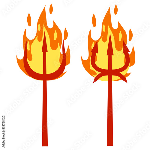 Devil's Trident. Hell fork. Cartoon flat illustration. Set of Halloween red evil demon costume item. Weapon Of Satan with fire and flame