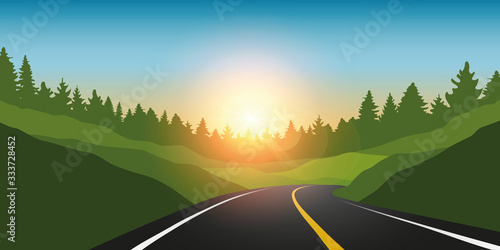 asphalt road in green mountains summer landscape vector illustration EPS10