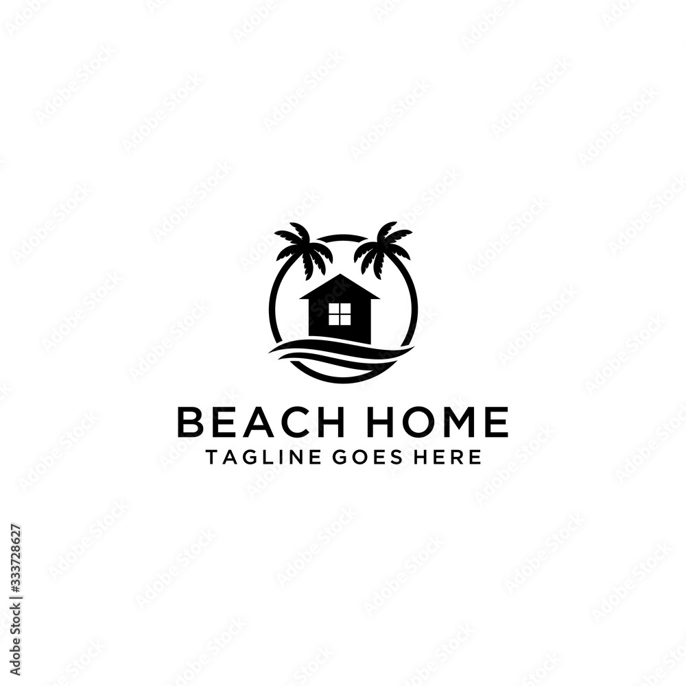 Beautiful home on beach with beauty wave logo design.