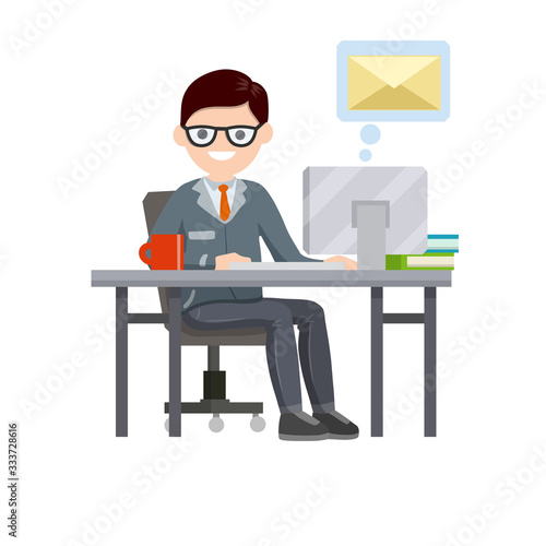 Young man sit at table with computer and receives letter. Work in office. E-mail in messenger, chat with friends on Internet. Postal envelope in bubble. Cartoon flat illustration