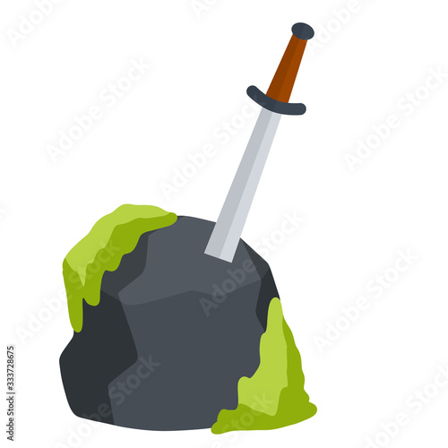 Legendary Excalibur. Knight and king Arthur test element. Medieval weapons and rock. Cartoon flat illustration. Sword in stone with green moss. English mythology and fairy tale