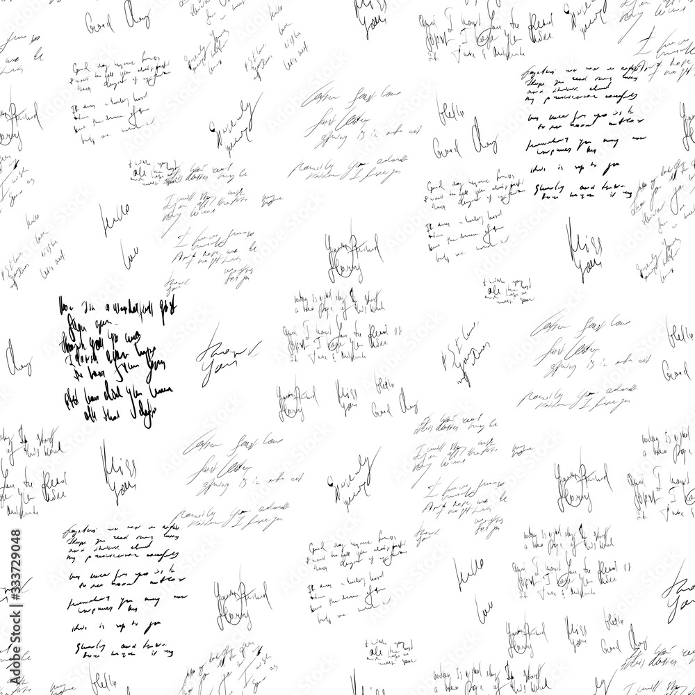 Seamless abstract text pattern. Handwritten font on a white background. Ink on paper