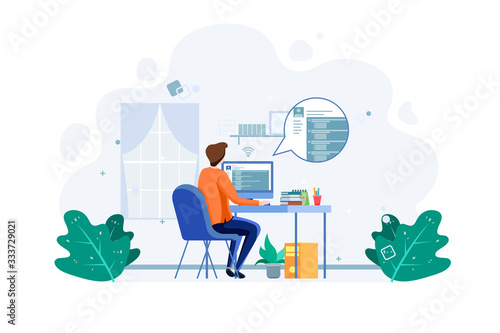 Student do online examination, e-learning concept. Business worker work from home. Male with computer illustration concept. Vector