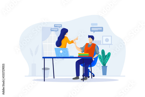 A man do online course with laptop and a tutor, work from home concept. Male with computer, e-learning illustration.