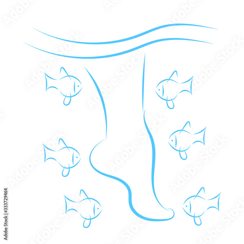 Fish spa pedicure wellness skincare treatment. Blue female feet in water with many fish. Nibbling fish feet treatment and pedicure concept. Woman legs vector illustration for design and icon