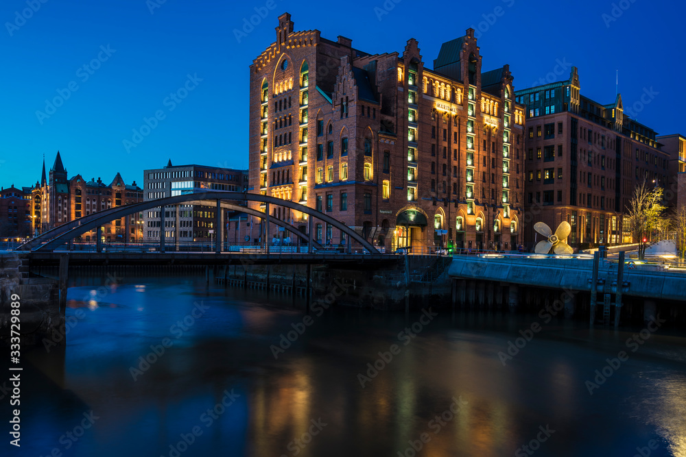 Historic architecture in Hamburg at night.