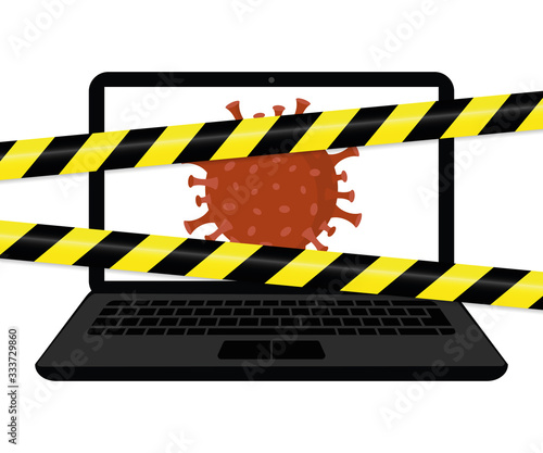 virus inside the laptop with warning tape internet crime vector illustration EPS10