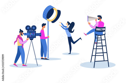 Actress Playing Role at Videocamera and Lighting Equipment. Film Director with Megaphone Sitting on High Stool Controlling Movie Shooting Process, Moviemaking Staff. Cartoon Flat Vector Illustration