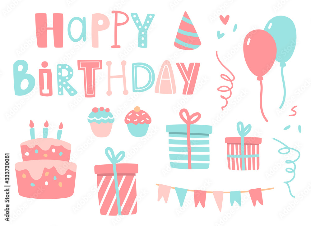 Vector illustration of happy birthday set. Party elements, balloons, cake and capcakes, gift box, party hat, flags and text lettering. For greeting card, design, print, poster Vector illustration of happy birthday set. Party elements, balloons, cake and capcakes, gift box, party hat, flags and text lettering. For greeting card, design, print, poster