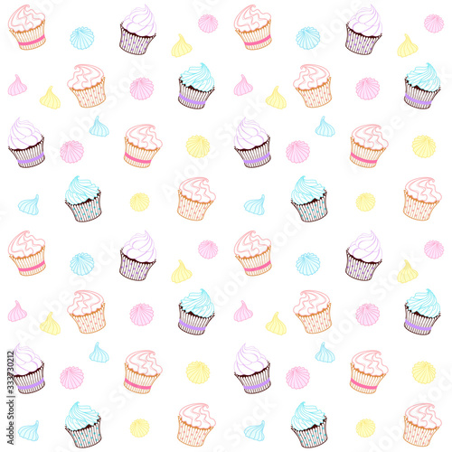 Colorful muffins, cupcakes and meringues on a white background. Vector seamless pattern for cafe, sweet shop, pastry shop, confectionery, printing on packaging, wrapper, paper, fabric, textile, menu 