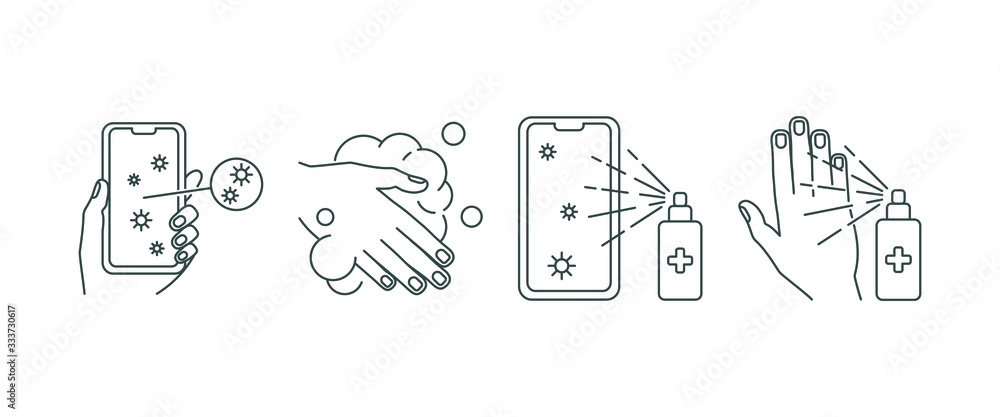 hand and telephone disinfection, set icons line hand and telephone disinfection, set icons line
