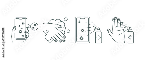 hand and telephone disinfection, set icons line