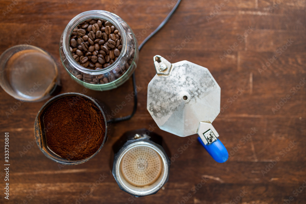 Above view of coffee supplies on wooden table