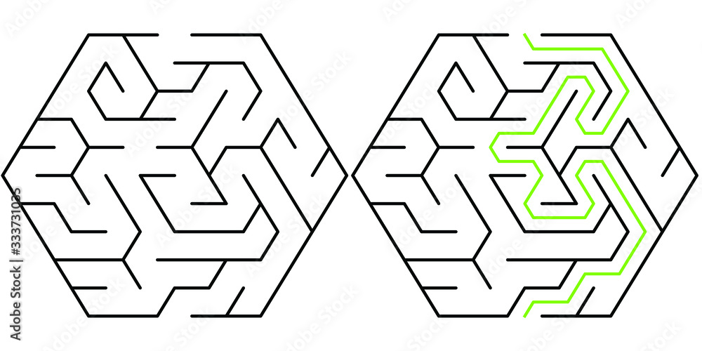 A hexagonal maze with triangular cell, 5 cells wide with solution A hexagonal maze with triangular cell, 5 cells wide with solution