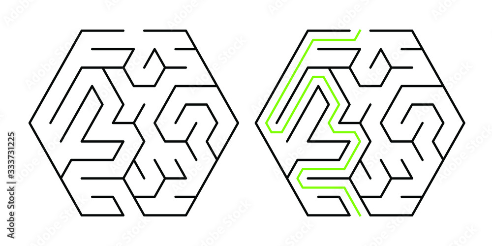 A hexagonal maze with triangular cell, 5 cells wide with solution A hexagonal maze with triangular cell, 5 cells wide with solution