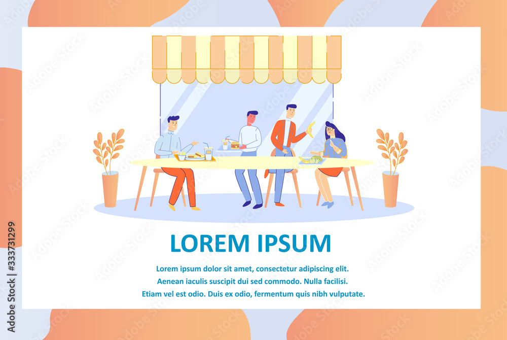 People Cartoon Characters Dining in Food Court in Shopping Mall or Business Center. Men and Women with Trays on Modern Fast Food Restaurant Lounge Hall Background. Trendy Flat Vector Illustration.