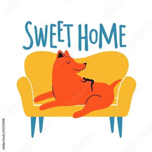 Vector illustration with black woman silhouette and hude red dog, yellow sofa. Sweet home lettering text.