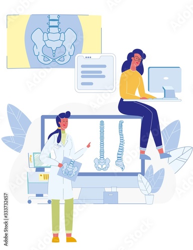Smart Medicine and Personal Online Consultation. Cartoon Woman Working on Computer. Female Doctor Advising Correct Body Posture while Sitting for Spinal Defect Prevention. Vector Flat Illustration