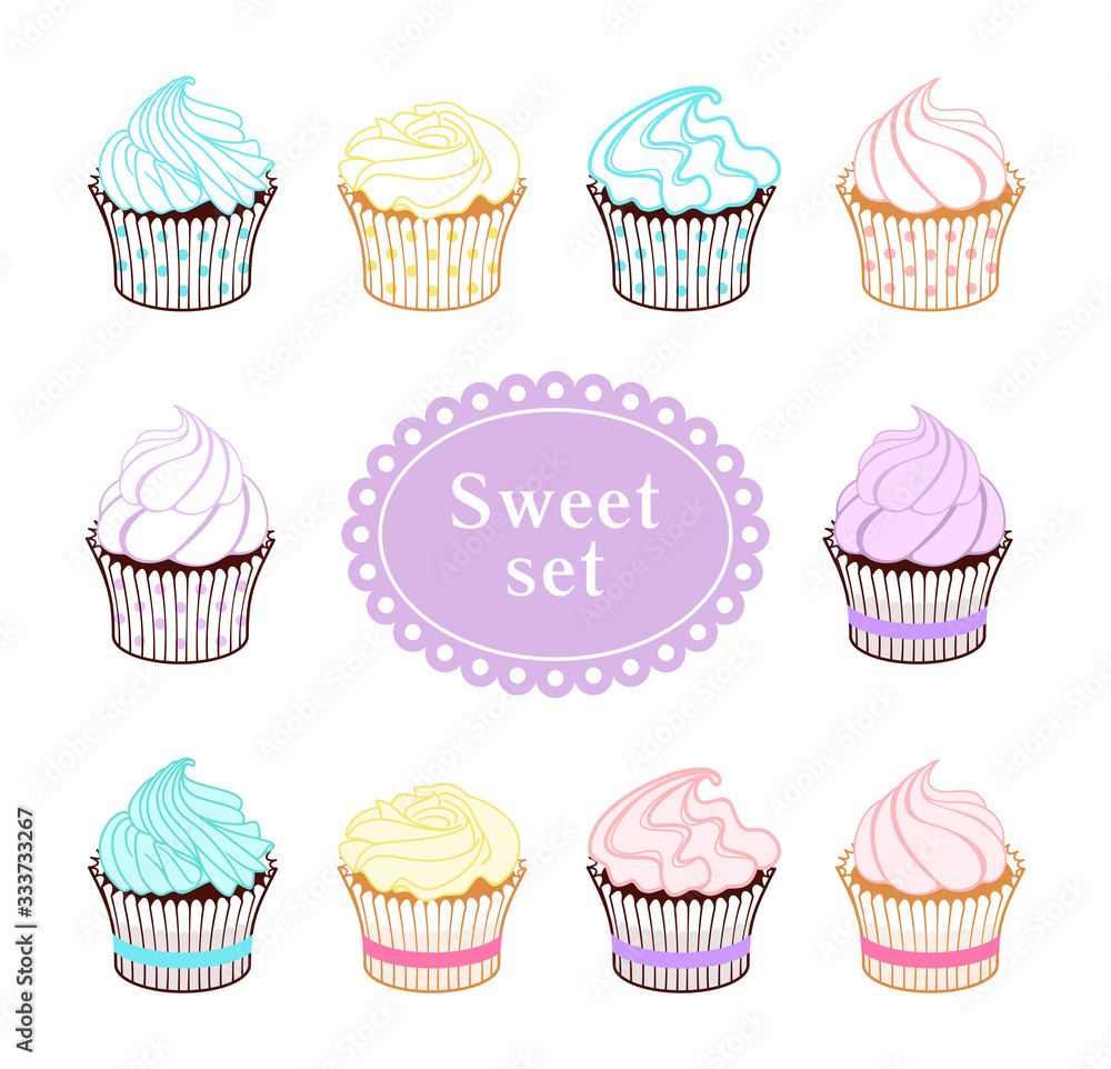 Set of colorful muffins, cupcakes. Vector decorative elements for bakery, cafe, sweet shop, pastry shop, confectionery, packaging, wrapper, menu, signboard, label, emblem, logo, holiday greeting card