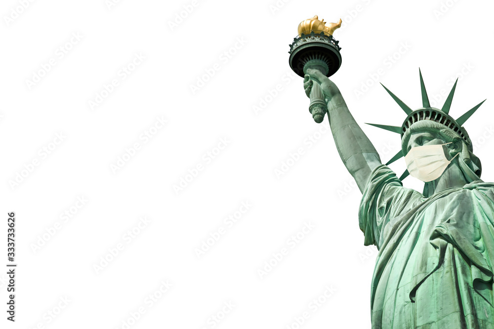 Fototapeta premium Statue of Liberty wearing a medical face mask isolated on white background. New coronavirus, covid-19 in New York and USA epidemic crisis concept
