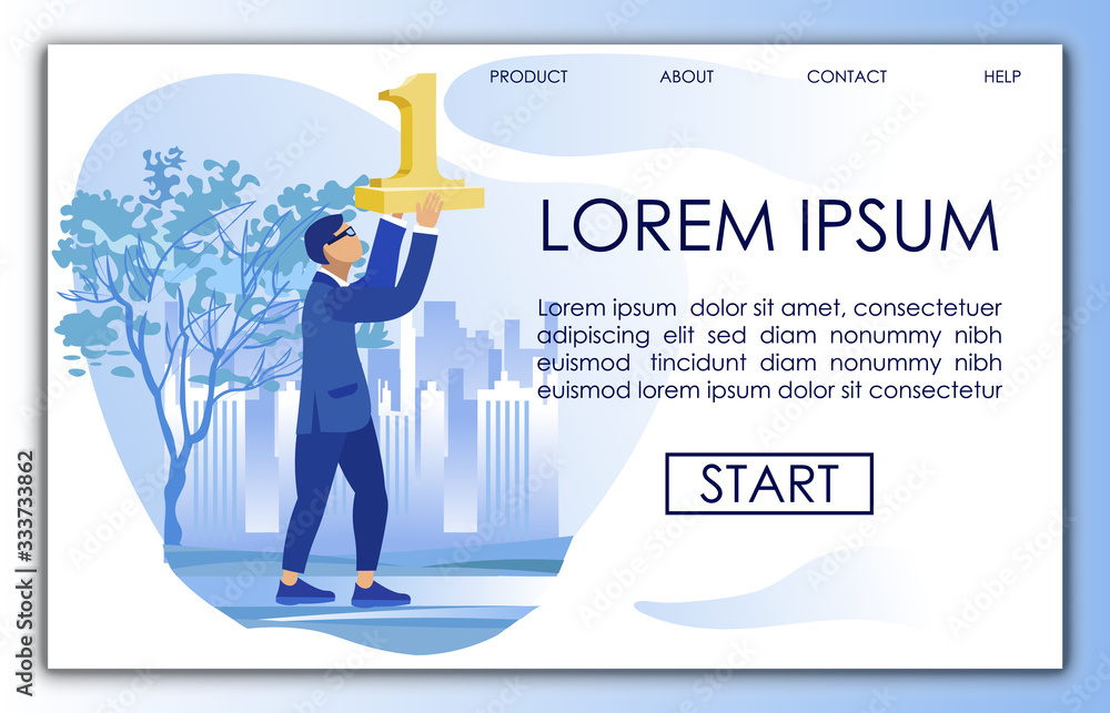 Office Worker in Blue Suit, Carrying Golden Figure One, with Concentration Pursuing His Aim, Against Big City Full of Skyscrapers and Office Buildings in Background with Copy Space for Your Text Office Worker in Blue Suit, Carrying Golden Figure One, with Concentration Pursuing His Aim, Against Big City Full of Skyscrapers and Office Buildings in Background with Copy Space for Your Text