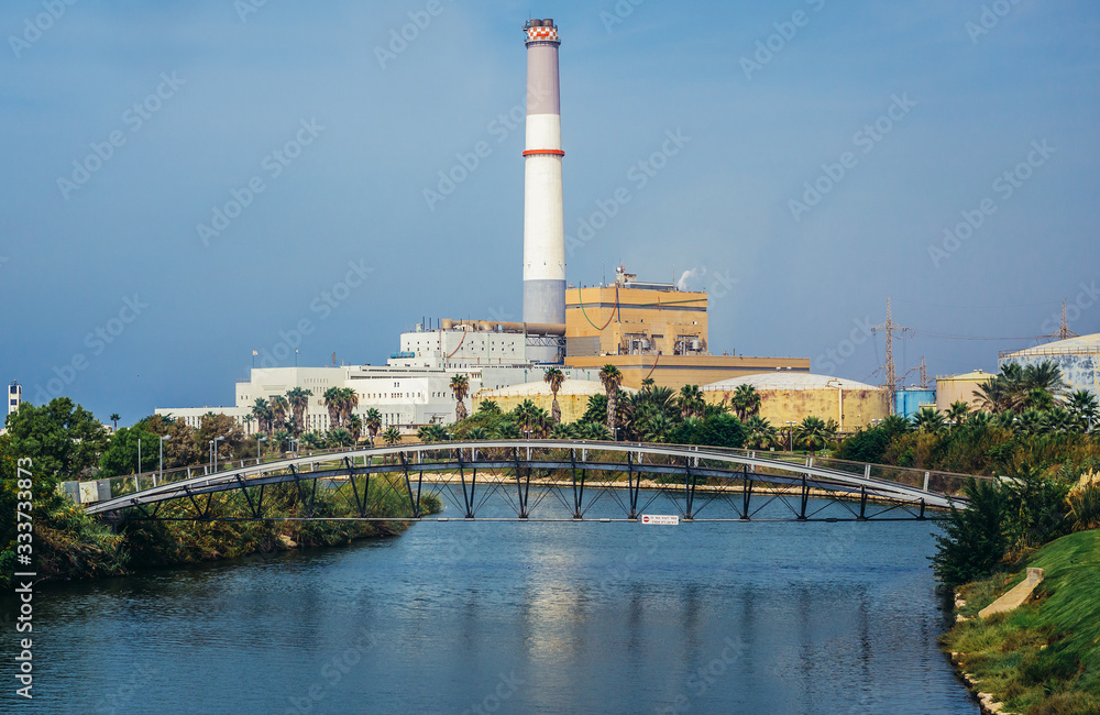 View of a chimney and buildings of Reading Power Station in Tel Aviv, Israel