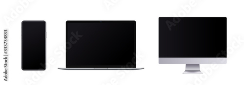 Frameless device set, realistic mobile phone, laptop and computer with blank screen in modern style. Front view for show responsive website design or ux ui app or presentate your product.