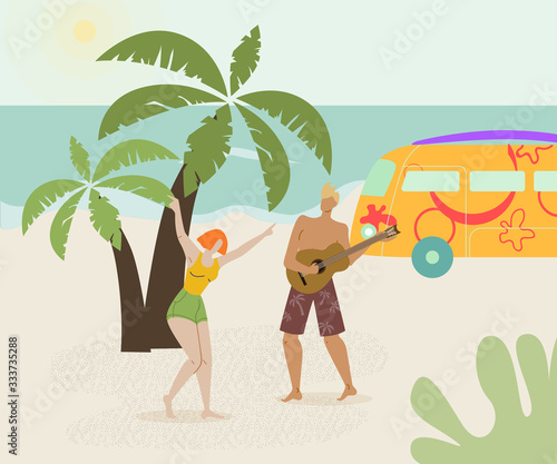 Couple at Beach Party Flat Vector Illustration. Guy Playing Guitar, Girl Dancing Cartoon Characters. Man and Woman Summer Holiday Vacation on Tropical Sea Resort. Young Students, Teens Road Trip