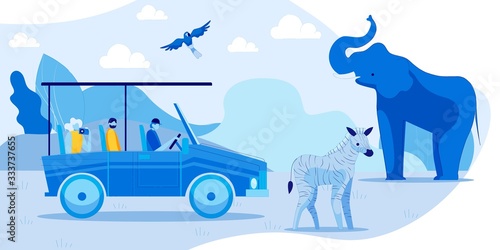 People Tourists Have Safari Tour on Car Excursion. Exotic Flora and Wildlife Fauna Observation and Exploration. Cartoon Animals and Birds. Tropical Tourism on Vacation. Vector Flat Illustration