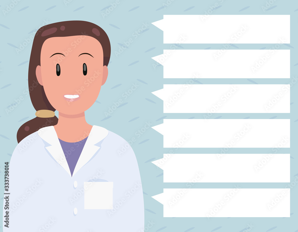 Doctor girl with brown hair in a white coat gives a list of six tips in a hospital on a blue background simple vector illustration. Doctor girl with brown hair in a white coat gives a list of six tips in a hospital on a blue background simple vector illustration.