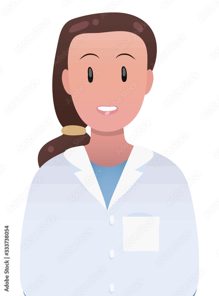 Young brunette doctor girl in white medical coat smiling simple vector isolated drawing object on white background.