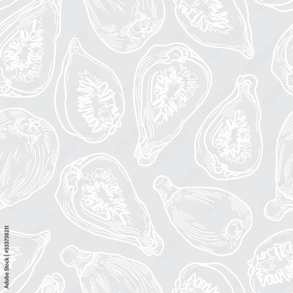 Fig White Line Drawing Seamless Pattern on Grey Background