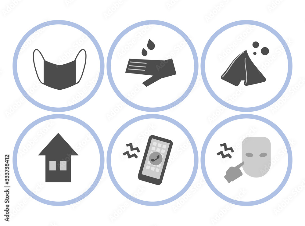 Set of vector round simple icons with warning signs of the spread of the virus objects isolated on white background. Set of vector round simple icons with warning signs of the spread of the virus objects isolated on white background.