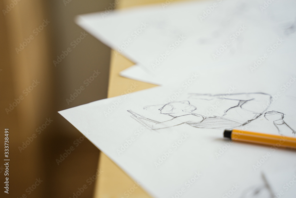 How to draw class of many figure drawing pencil and marker sketches. The artist worskspace with male and female drawings and pencils on the white paper, art, craft, creativity, inspiration, concepts How to draw class of many figure drawing pencil and marker sketches. The artist worskspace with male and female drawings and pencils on the white paper, art, craft, creativity, inspiration, concepts