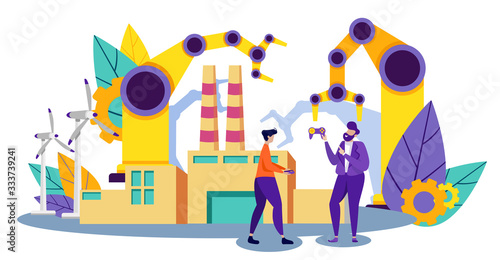 People and Industrial Machines. Man Factory Worker. Teamwork. Computer Technology. Automation and Technology. Vector Illustration. Smart Idustry. Man with Joystick in Hand Control Crane at Factory.