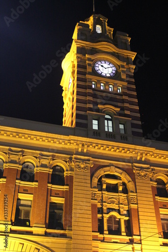 Illuminated central station of Melbourne at night 