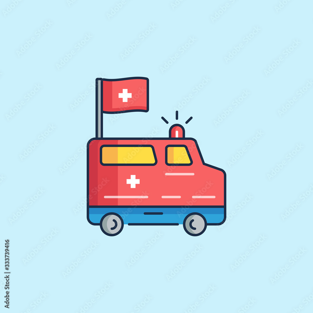 Flat Illustration Ambulance Car with Flag Flat Illustration Ambulance Car with Flag