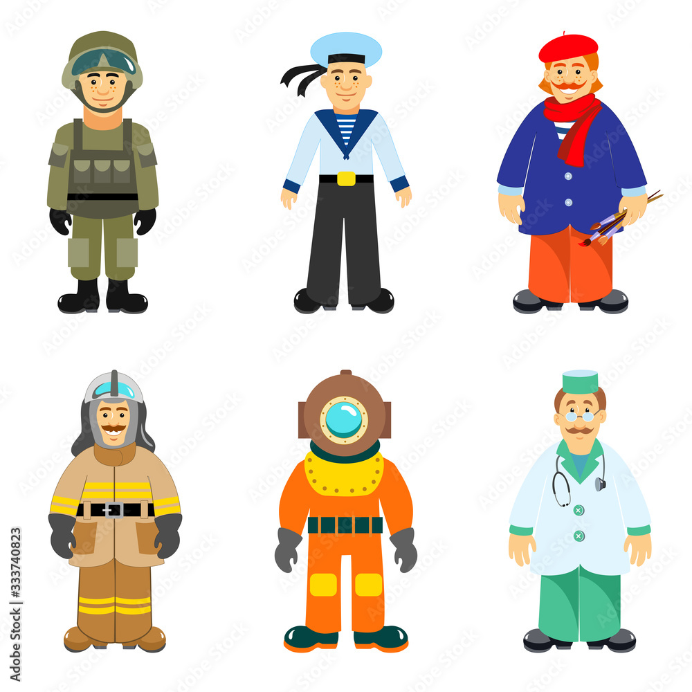 Men of different professions. Soldier, sailor, artist, fireman, diver, doctor. Children's style, vector illustration.